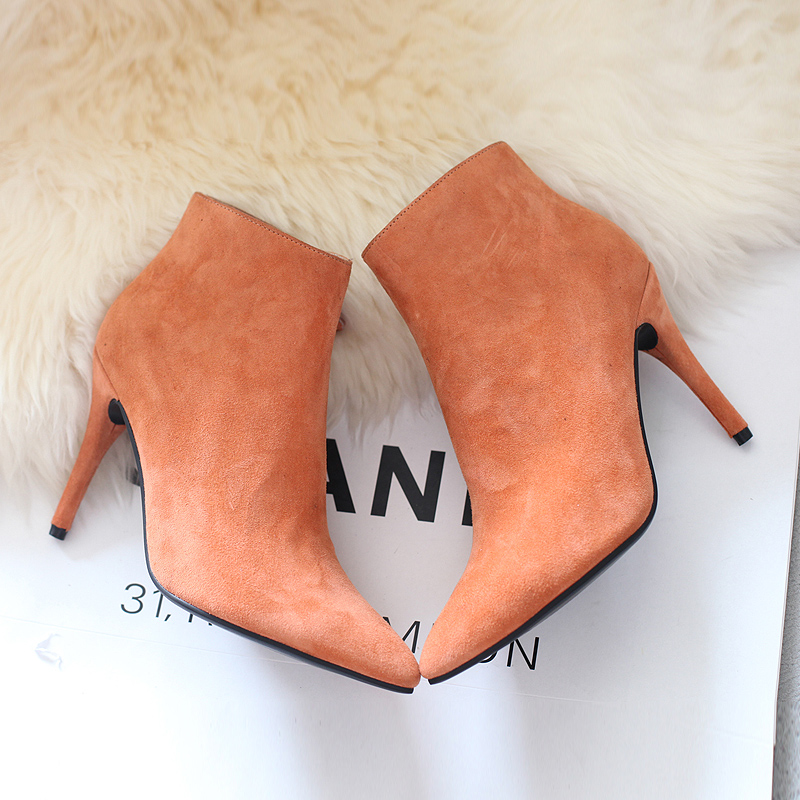 女士气质裸靴尖头细跟短靴马丁靴潮真皮女靴高跟踝靴33小码冬靴子