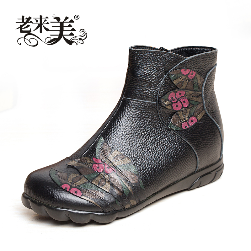 秋冬季女靴子真皮印花妈妈鞋子中老年民族风短靴加厚保暖防滑棉靴
