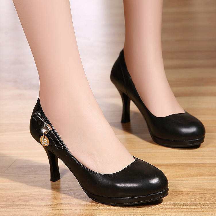 2016正品好恋意尔康新款真皮高跟女鞋粗跟单鞋女圆头防水台工作鞋