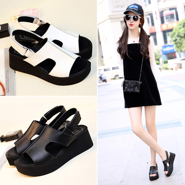 2016夏新款高跟休闲松糕真皮学生厚底凉鞋女时尚鱼嘴坡跟罗马女鞋