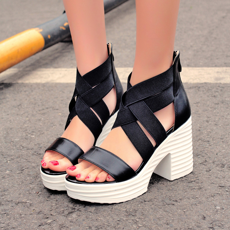 英伦风2016时尚超高跟露趾交叉绑带女凉鞋厚底粗跟牛皮套脚低帮鞋