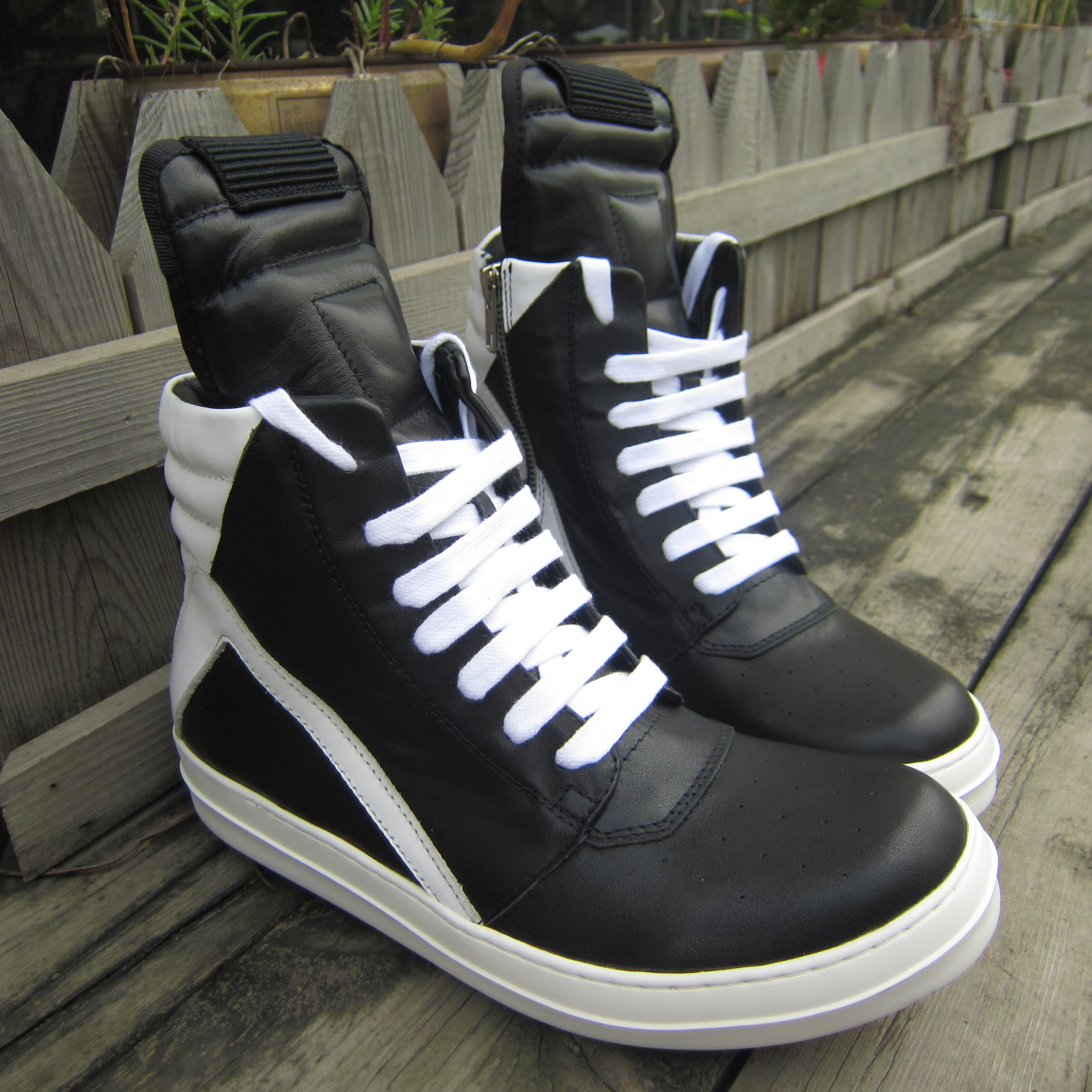 2016新款高帮男鞋黑白倒三角头层牛皮舒适欧美风格街舞潮流情侣鞋