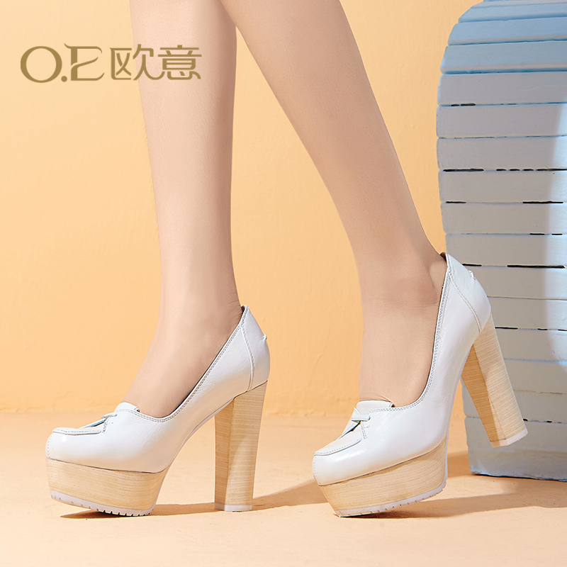 OE欧洲站头层牛皮粗跟圆头时尚单鞋真皮超高跟防水台纯色休闲女鞋