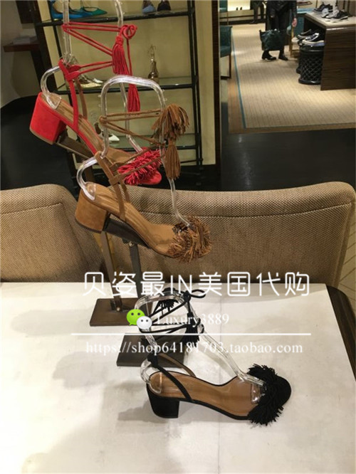 【直邮】美国代购 aquazzura 菠萝鞋粗跟凉鞋流苏绑带露趾鞋 女