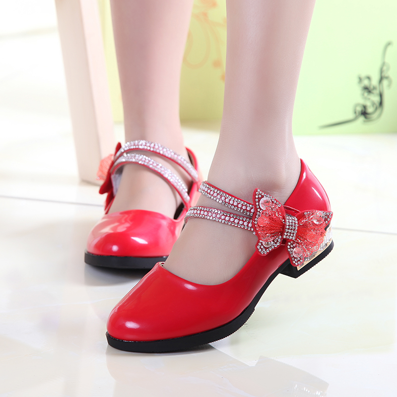 女童鞋子中跟水钻单鞋韩版鞋女春季中大童舞蹈皮鞋真皮公主鞋