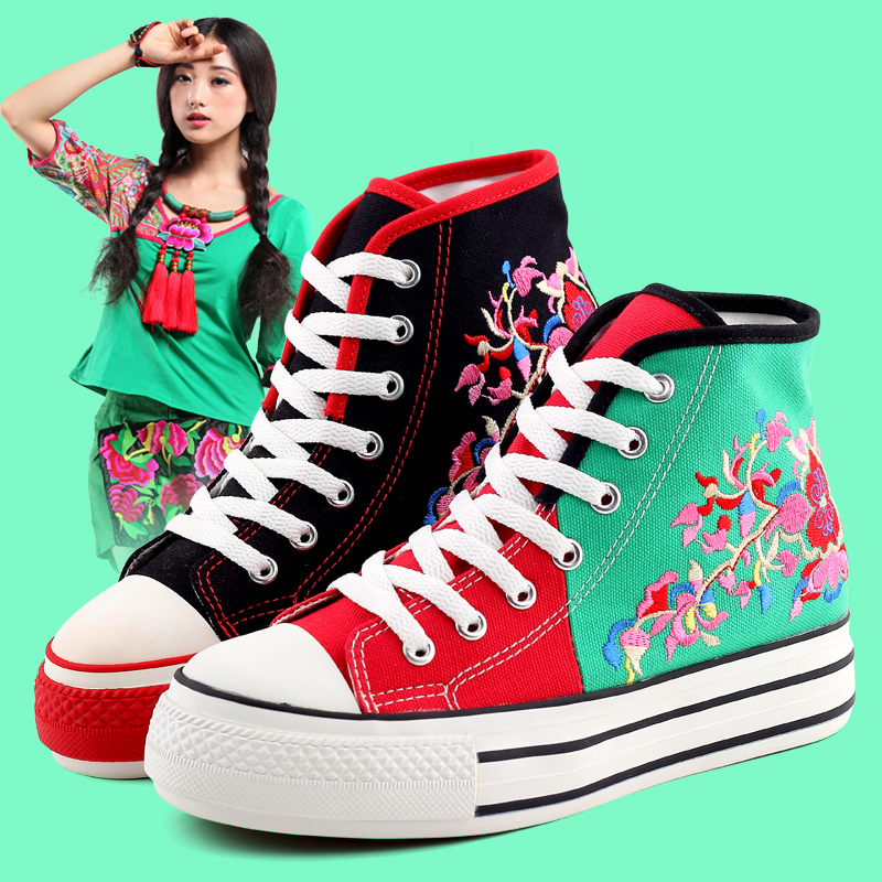 锐捷2015春秋季新品高帮帆布鞋女民族风绣花布鞋松糕鞋内增高女鞋