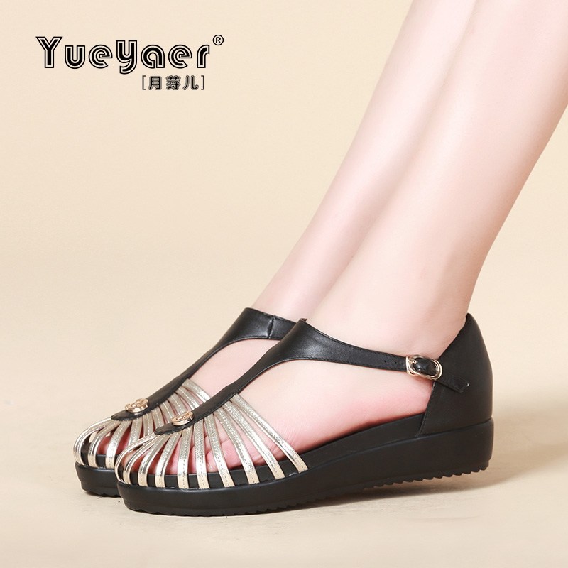 月芽儿包头凉鞋女 镂空松糕凉鞋女夏2016新款真皮T带百搭罗马凉鞋