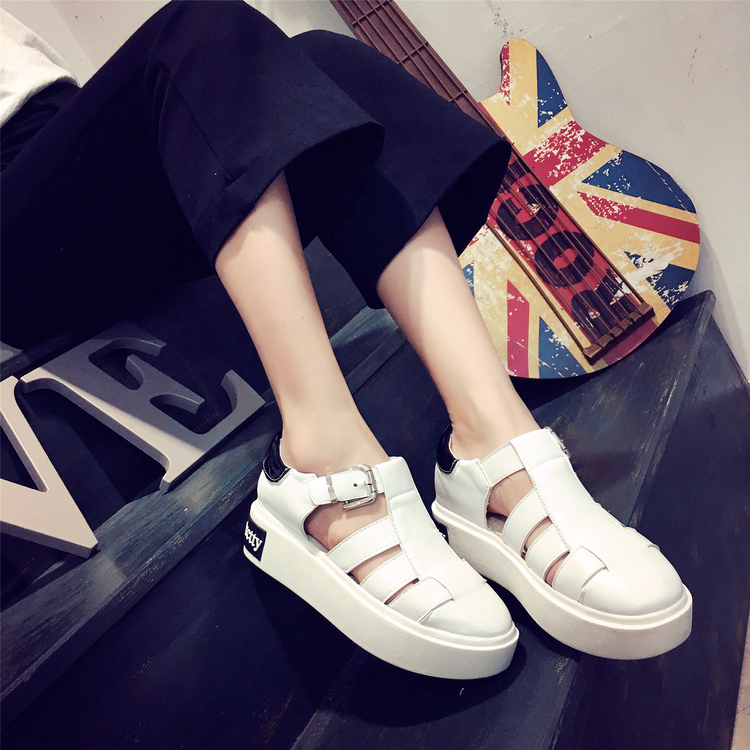 欧洲2016新品夏季松糕底女凉鞋T带包头厚底女鞋字母漆皮罗马单鞋