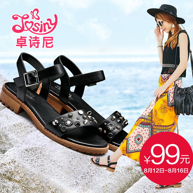 卓诗尼2016夏季新款凉鞋女 休闲露趾女鞋一字式中跟鞋162132220