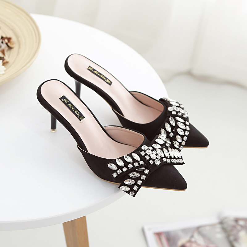 2016新款女鞋尖头高跟鞋细跟浅口奢华水钻凉拖鞋女夏室外女士凉鞋