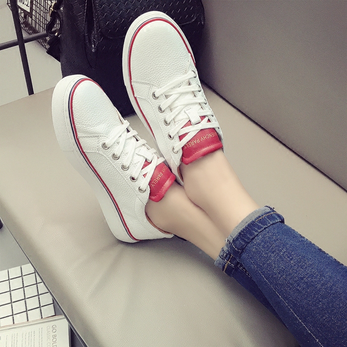 爆款全牛皮真皮运动鞋明星同款小白鞋红边系带圆头运动鞋休闲女鞋