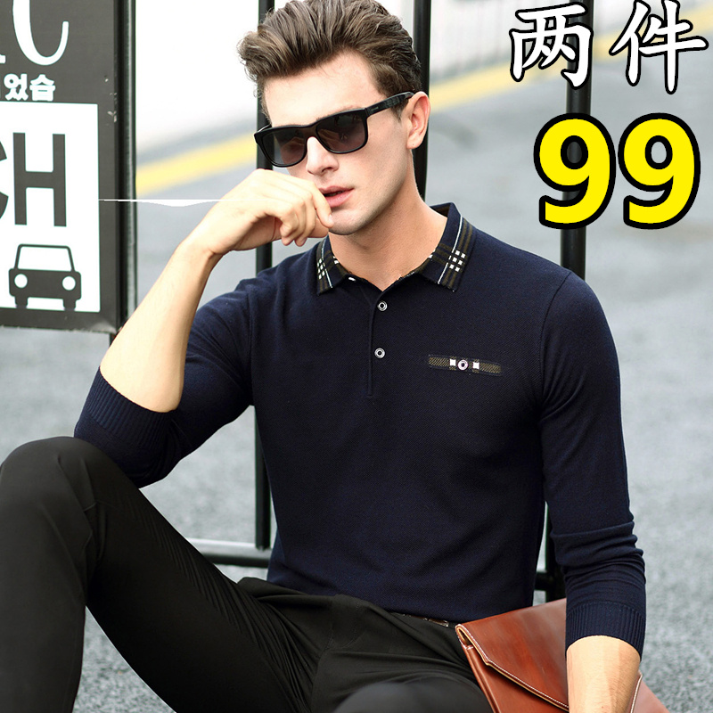 中年男士长袖T恤秋季纯色青年父亲装男体恤中老年条纹翻领打底衫