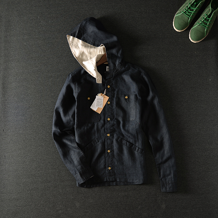 外贸原单 日常简约纯色长袖衬衣 连帽男衬衣 修身韩版棉麻衬衫