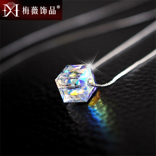 七夕礼物S925纯银极光方糖项链锁骨链 女款水晶吊坠百搭配饰 日韩