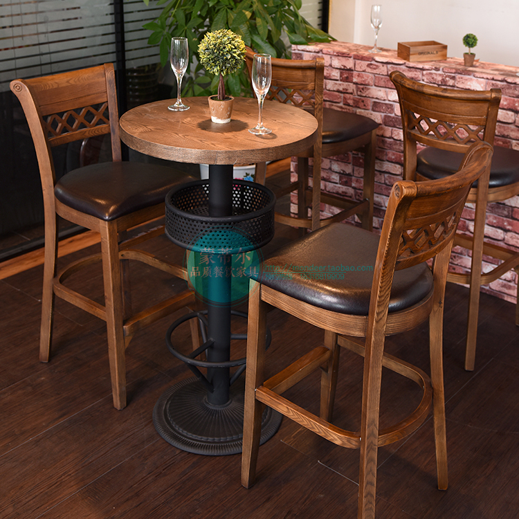 复古吧台椅实木靠背星巴克高脚吧椅做旧高脚椅酒吧高脚凳桌椅组合