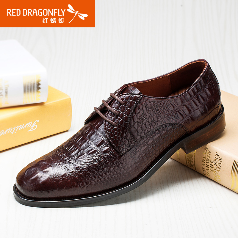 红蜻蜓 真皮男单鞋 春秋新款正品英伦正装鳄鱼纹皮鞋系带男鞋皮鞋
