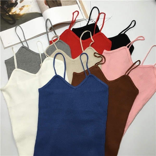 2016春夏新款修身性感百搭V领短款露脐无袖吊带针织打底小背心女