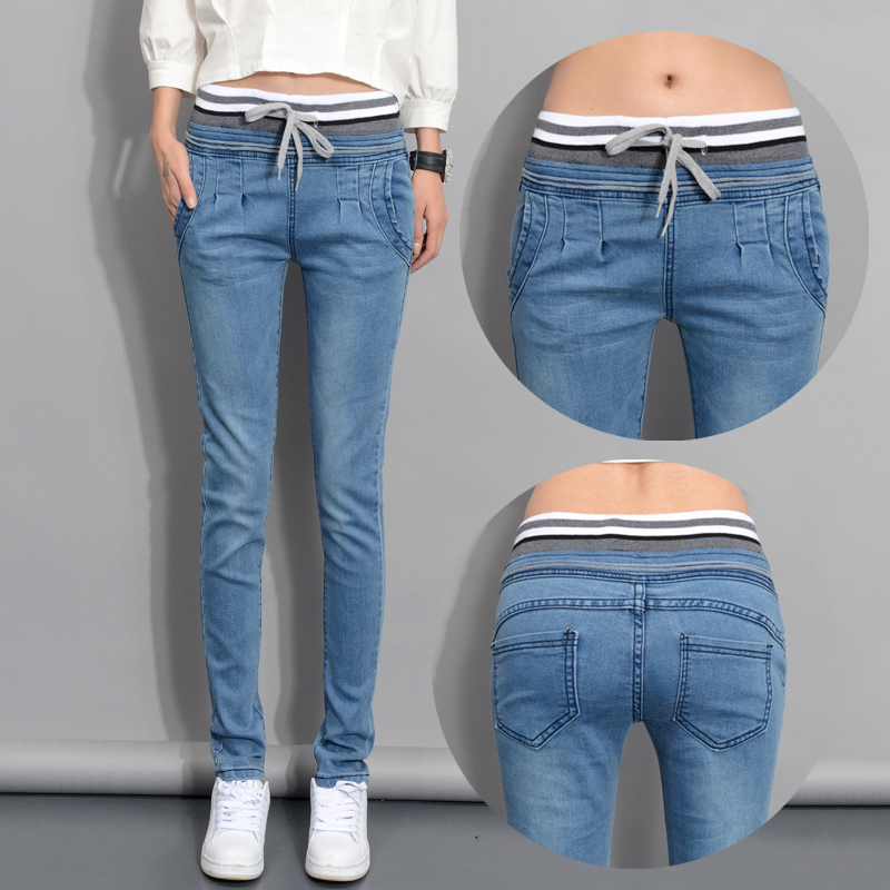 森马春夏新款女士牛仔裤韩版大码松紧腰修身显瘦女装学生铅笔长裤