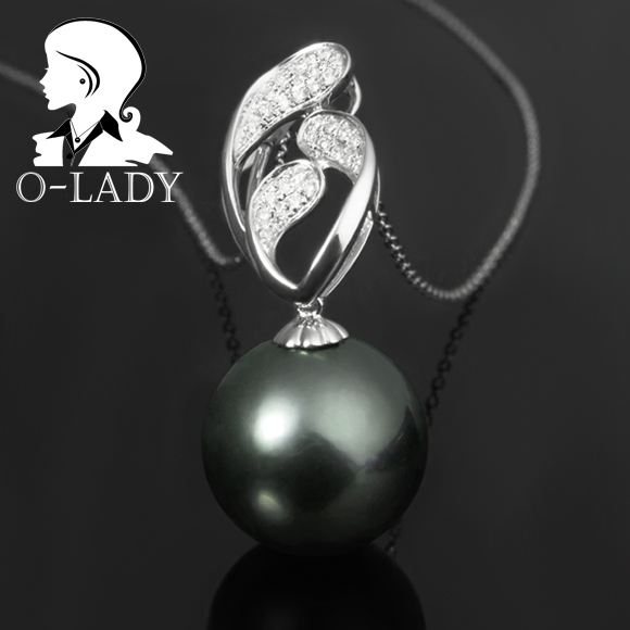 OL珍珠 天然大溪地黑珍珠吊坠14-15mm 18K金 海水珍珠项链HDZJ007