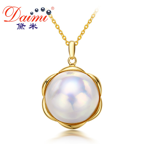 黛米珠宝 15-16mm大颗异彩天然海水玛贝珍珠吊坠项链 14K金正品女
