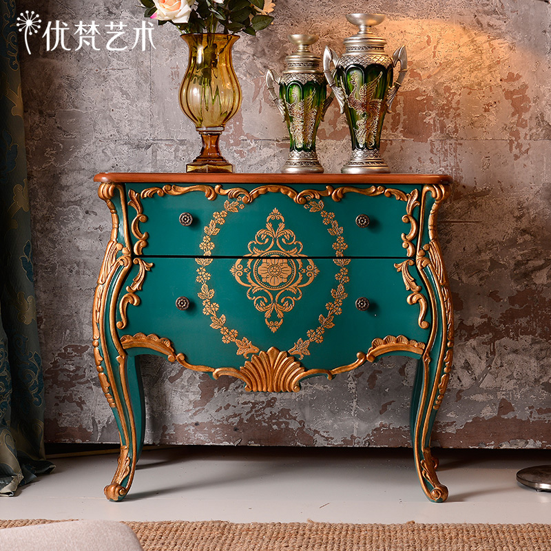 优梵艺术 新古典美式实木烤漆玄关柜 欧式雕花门厅装饰柜储物边柜