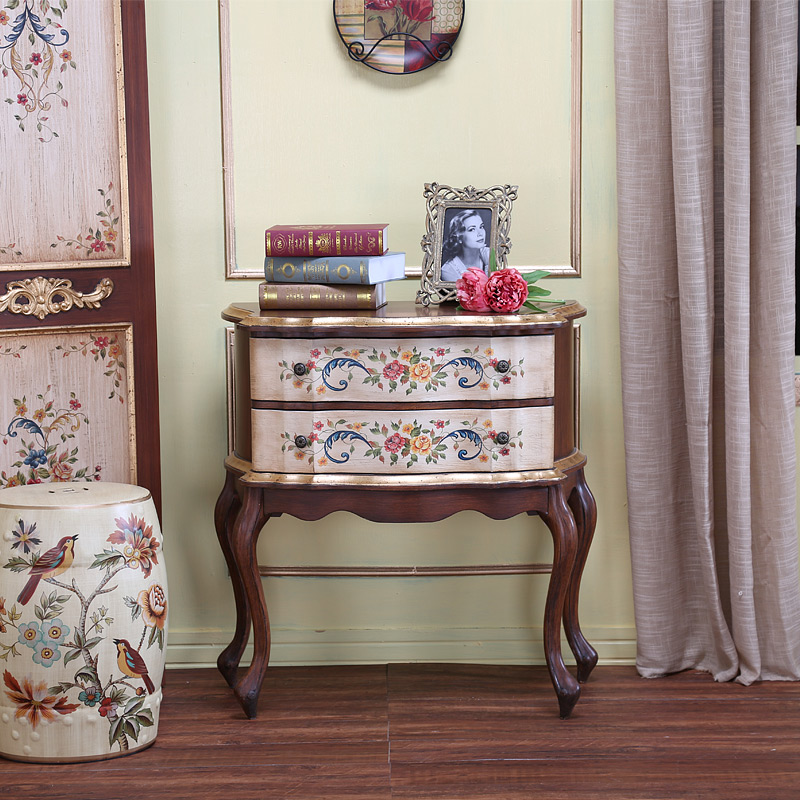 红庭美式新古典彩绘复古玄关柜金箔做旧两斗柜门厅咖色装饰柜外贸