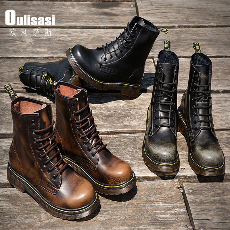 秋冬潮流男靴 真皮英伦男士马丁靴 中筒系带圆头靴子男