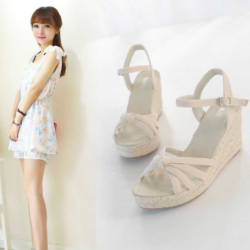 包邮 韩版 波西米亚帆布细带麻底坡跟防水台女鞋麻编凉鞋