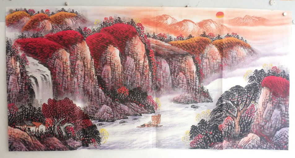 手绘水墨写意山水国画花鸟横幅字画中堂客厅玄关风水画E-21