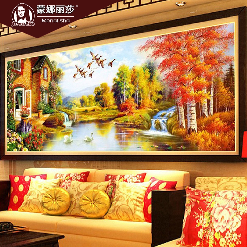 财运亨通印花十字绣 最新款客厅山水画流水生财田园欧式油画风景
