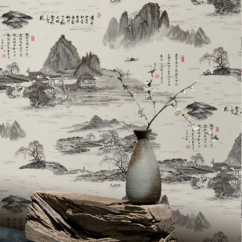 中式古典墙纸书法字画山水画壁纸客厅书房茶楼电视背景墙墙纸