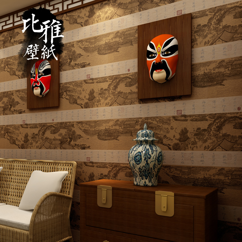 比雅古典中式墙纸清明上河图书法山水字画书房餐厅饭店背景壁纸