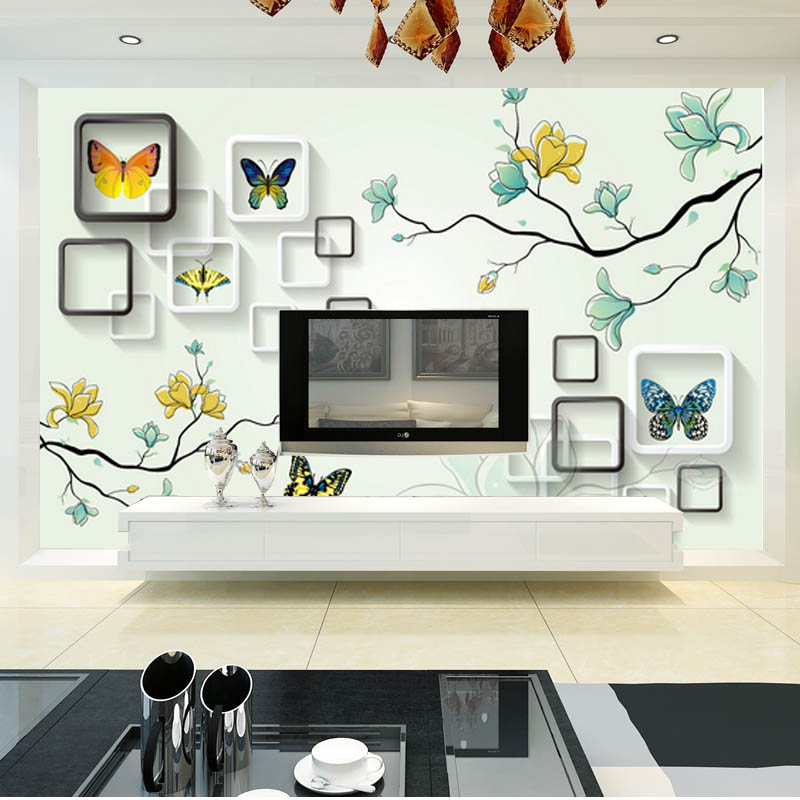 电视背景墙壁纸 定制大型壁画现代简约客厅卧室3d墙纸布 方格蝴蝶