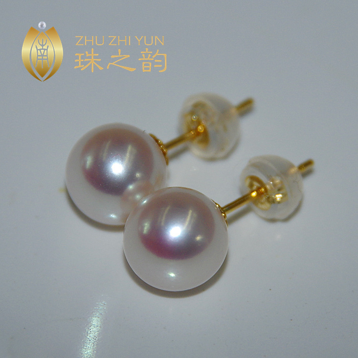 进口AKOYA日本天然海水珍珠耳钉18k金A1AAA极强镜面虹光正圆无瑕