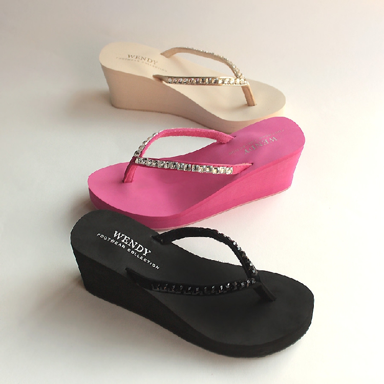 wendy个性水钻人字拖 女 夏季防滑厚底 沙滩坡跟欧美凉拖鞋 包邮