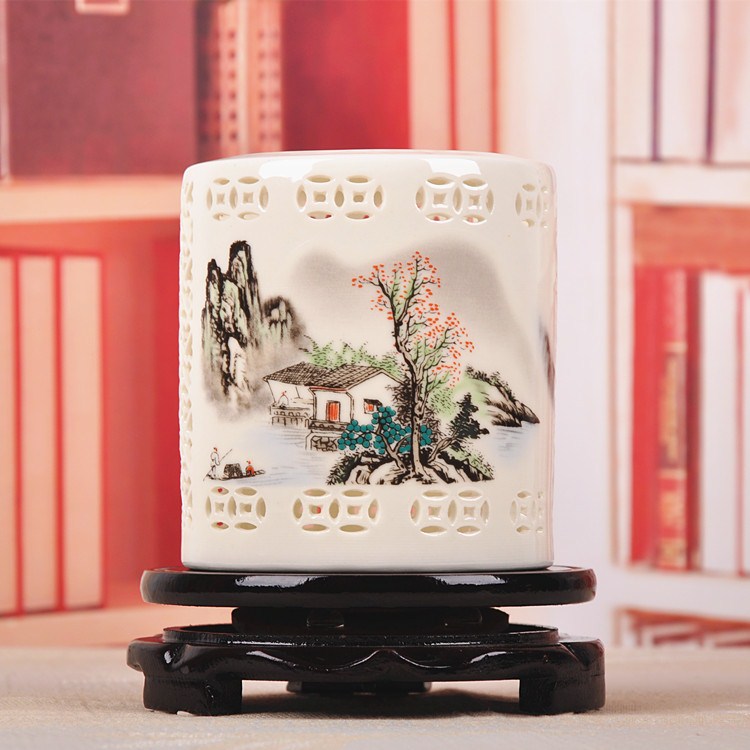 景德镇陶瓷笔筒 象牙瓷镂空笔筒 陶瓷仿古艺术笔筒 书房装饰用品