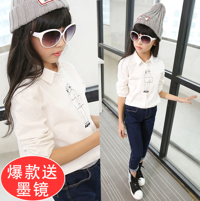 女童衬衫2016春装新款韩版长袖上衣中大童翻领百搭纯棉打底白衬衣