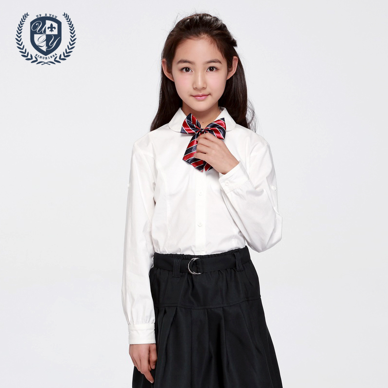 学院风中大童女童白衬衫长袖翻领纯棉儿童白色圆领衬衣女校服韩版