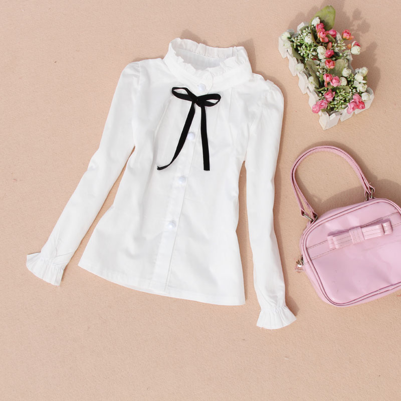 棉 女童装2016春季新品白色百搭学院风长袖衬衫衬衣学生装
