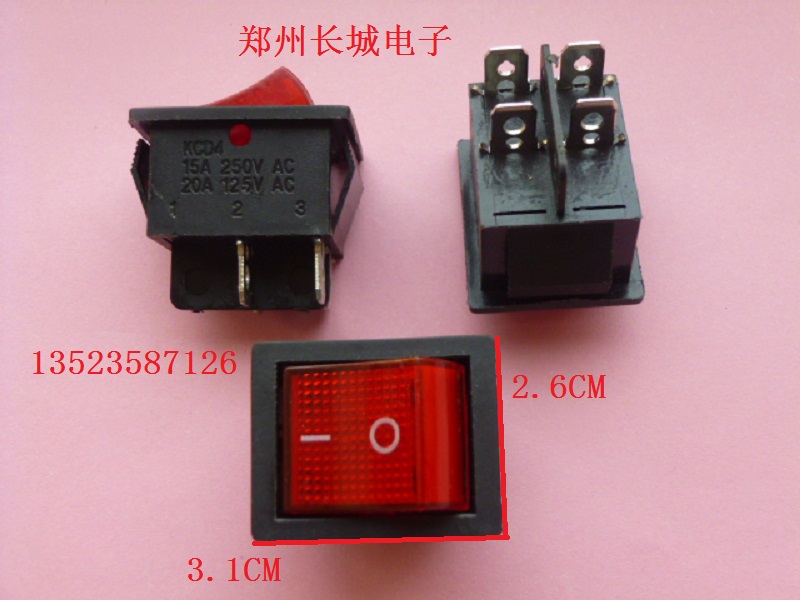 船型开关 KCD4开关 红色带灯大4脚开关