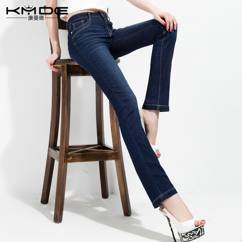 康曼德2016春夏新牛仔裤女黑色直筒弹力修身显瘦中腰长裤