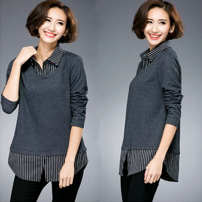 春秋装新款大码上衣修身中长款条纹针织衬衫女长袖T恤翻领打底衫