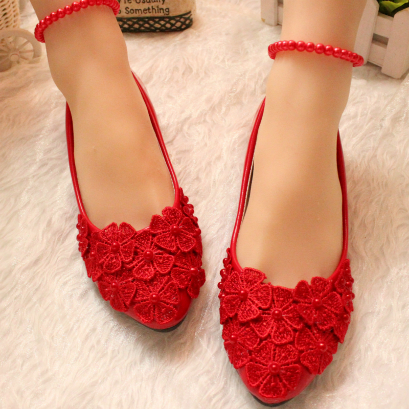 16春包邮 手工婚鞋红色平底新娘鞋珍珠演出结婚鞋伴娘鞋平跟鞋女