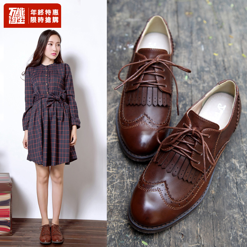 英伦风布洛克女鞋真皮复古流苏牛津单鞋系带休闲黑色学生小皮鞋女