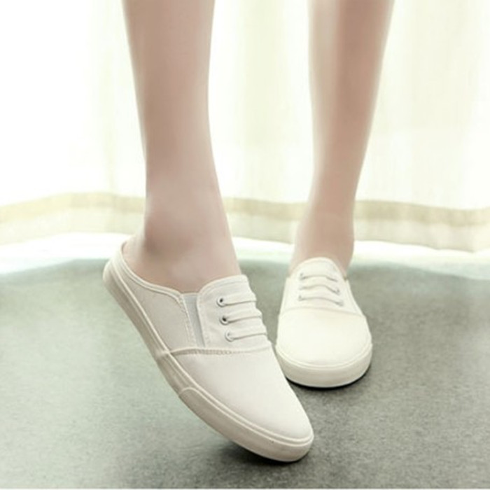 夏一脚蹬懒人鞋女士休闲布鞋透气白色平底帆布鞋女韩版潮套脚单鞋