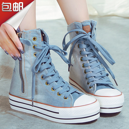 牛仔布厚底高帮帆布鞋 女款内增高帆布鞋松糕底韩版潮学生鞋休闲