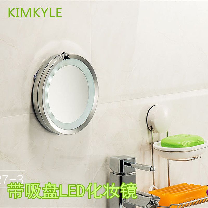 新款欧式6英寸带吸盘LED化妆镜 挂墙带灯浴室5倍放大便携随身高请