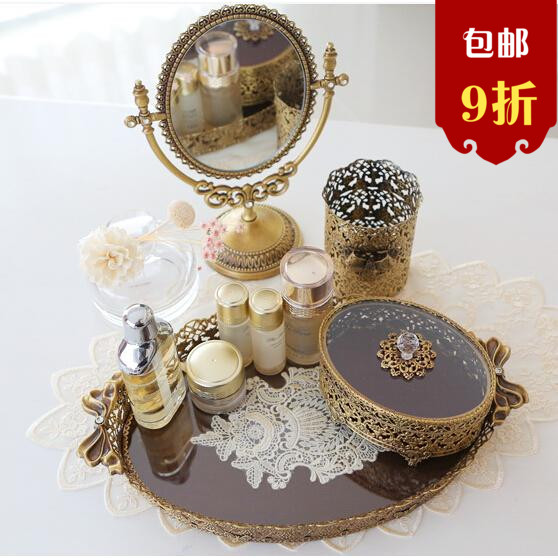 包邮韩国代购 欧式复古桌面收纳盒 蕾丝化妆品整理托盘 首饰盒
