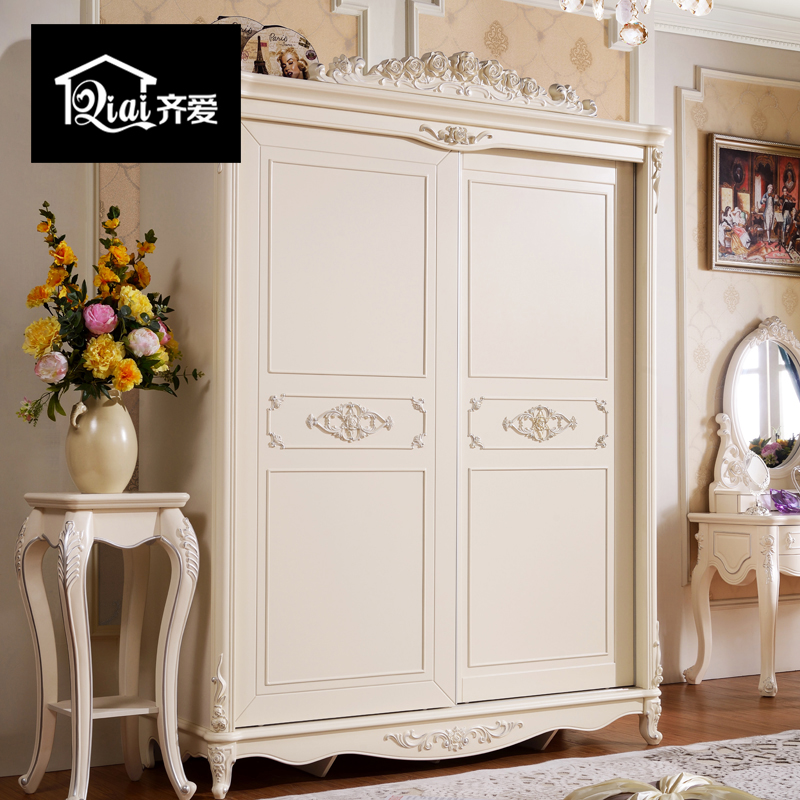 齐爱家具欧式趟门衣柜移门衣柜实木推拉门柜收纳大衣柜储物柜雕花