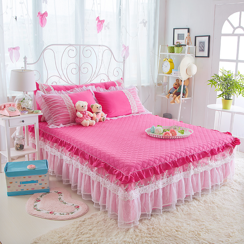 全棉夹棉加厚单件床罩床笠床裙式防滑保护床套蕾丝可配三四件套